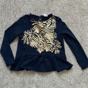 Girls navy with gold design long sleeve shirt. Size 6/114 cm